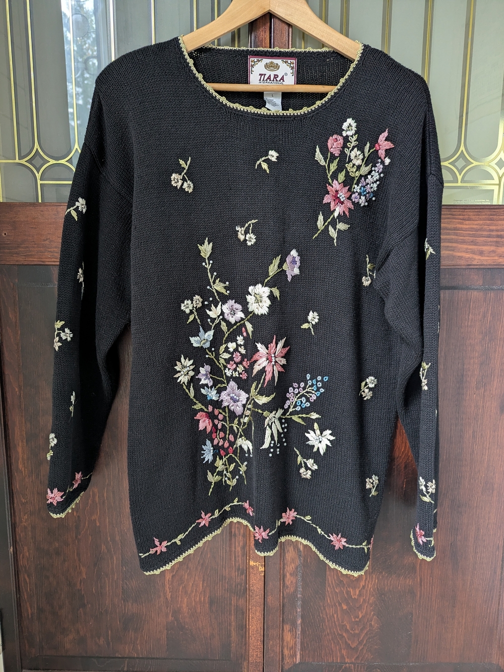 Tiara International Black Floral Embroidered And Beaded Crewneck Sweater